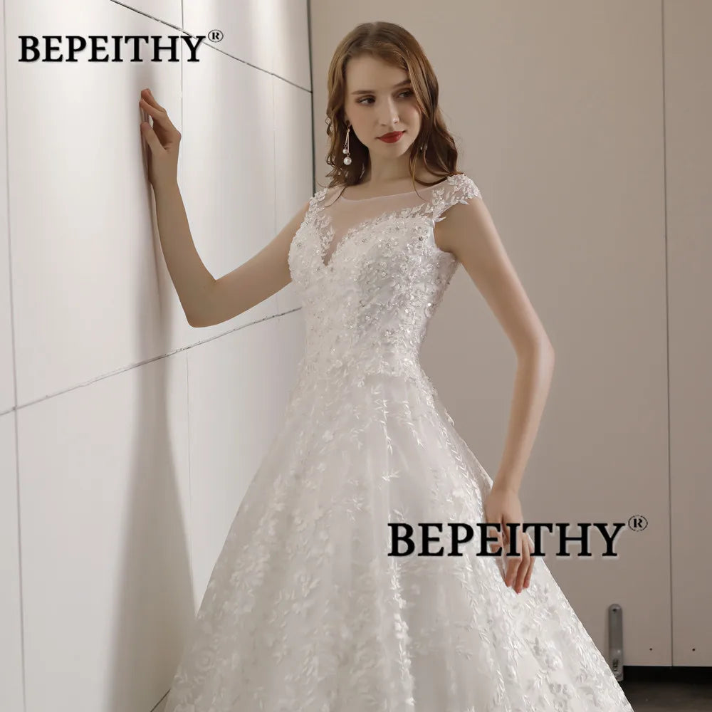 Vestido de novia de encaje vintage BEPEITHY, vestido de novia de cola de corte para mujer, vestido de novia de princesa sin mangas 2023, vestidos de novia