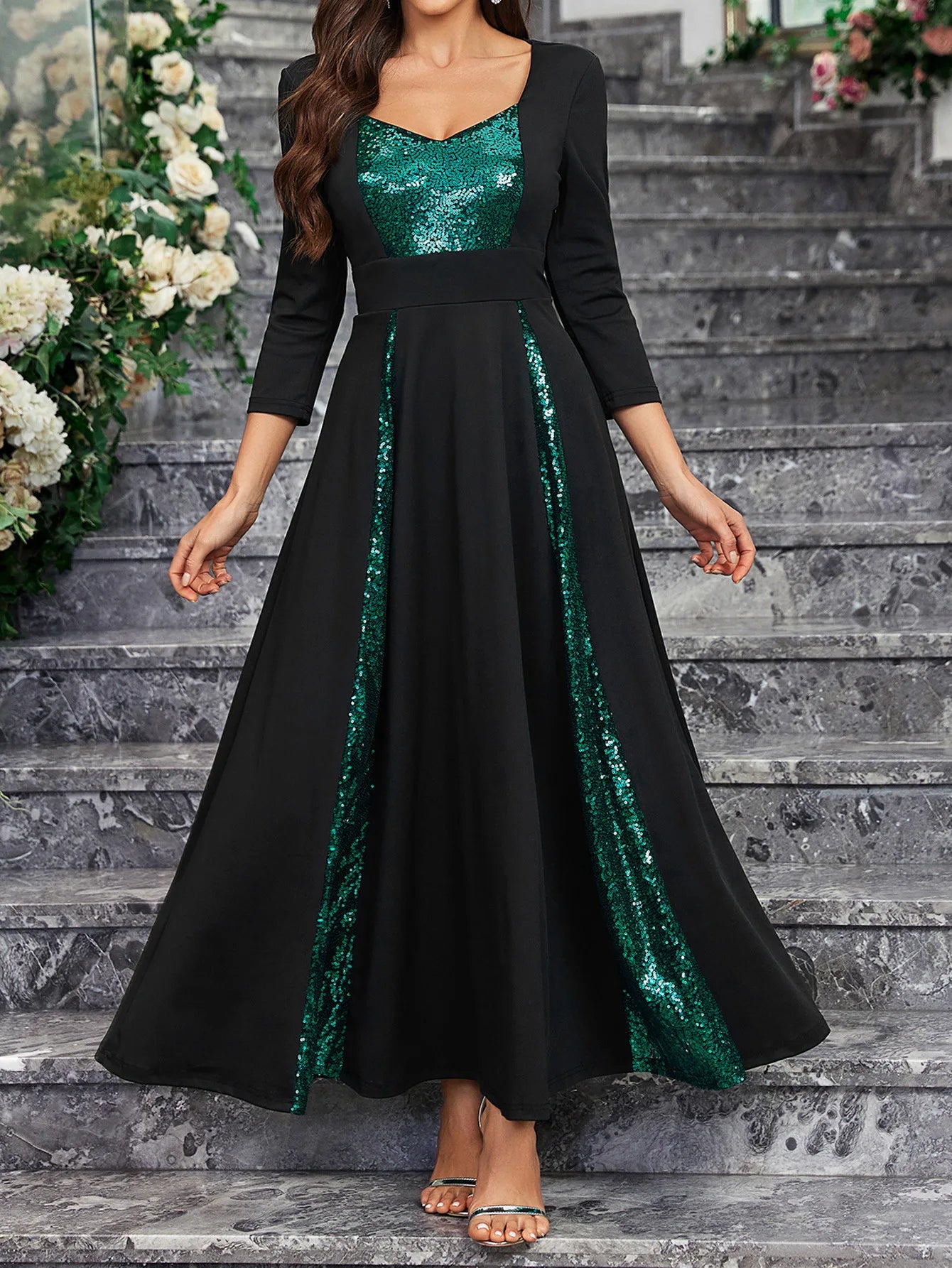 Women'S Vintage Full Sequin Formal Long Dress V Neck Open Back Wedding Party Gowns 2024 Stretchy Graduation Cocktail Prom Dress