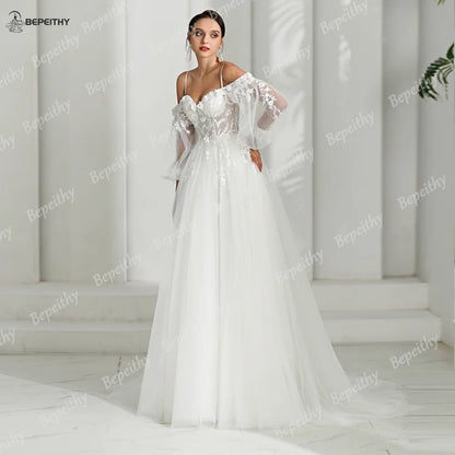 BEPEITHY Sweetheart A Line Ivory Wedding Dresses 2024 Spring Women Long Sleeves Beach Bride Boho Bridal Gown With 3D Flowers