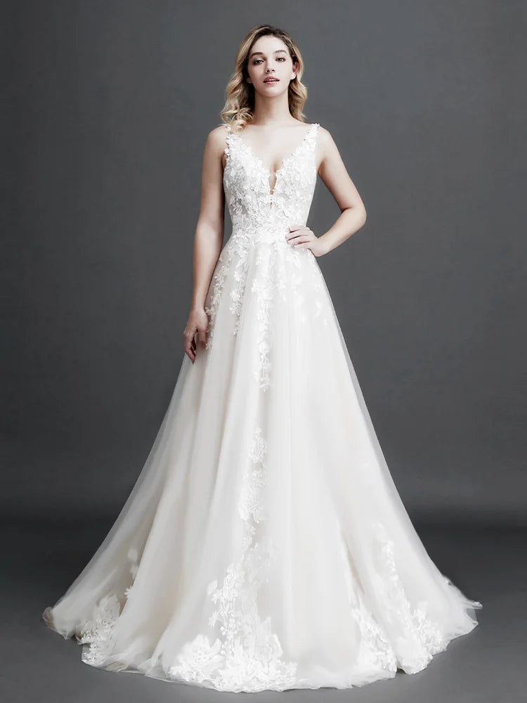 Robe de mariée élégante en dentelle A-Line pour femme, coupe ajustée, col en V, dos nu, robe de mariée, nouvelle collection 2024, robe de soirée avec appliques de fleurs 3D