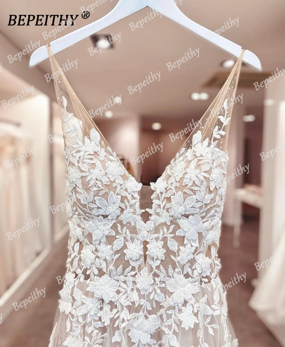 BEPEITHY Sexy Dos Nu Col V Dentelle Robes De Mariée Pour Mariée Femmes 2023 Sans Manches Une Ligne Balayage Train Robe De Mariée 2023 Robes