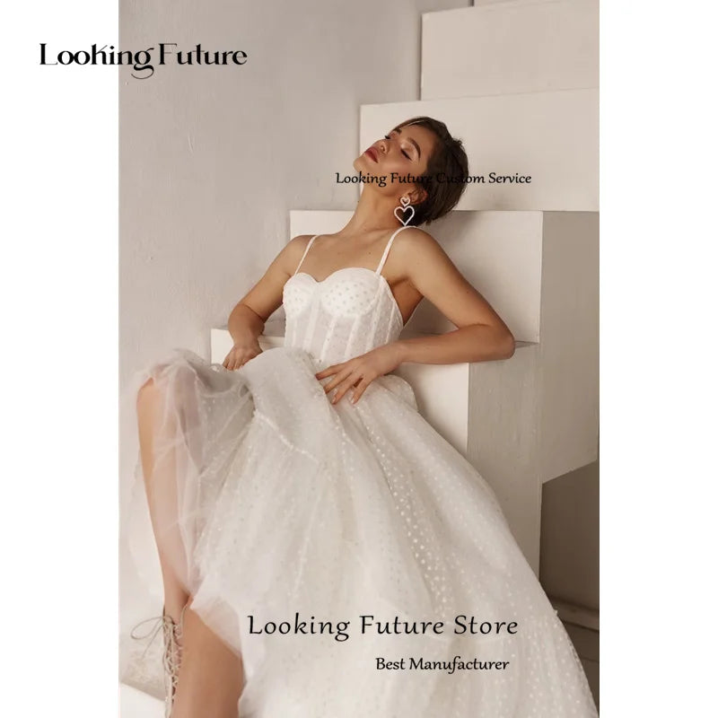 Simple A-Line Tulle Wave dot Wedding Dress Sleeveless Strapless Bridal Gowns Sexy Spaghet Strap Backless Lace Up Ankle-Length