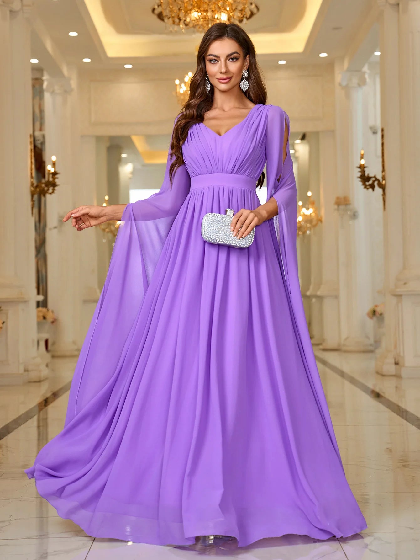 Robe de soirée de mariage élégante violette, col en V, robe de bal drapée à plusieurs niveaux, nouvelle robe de bal 2024, robe de soirée formelle pour femmes