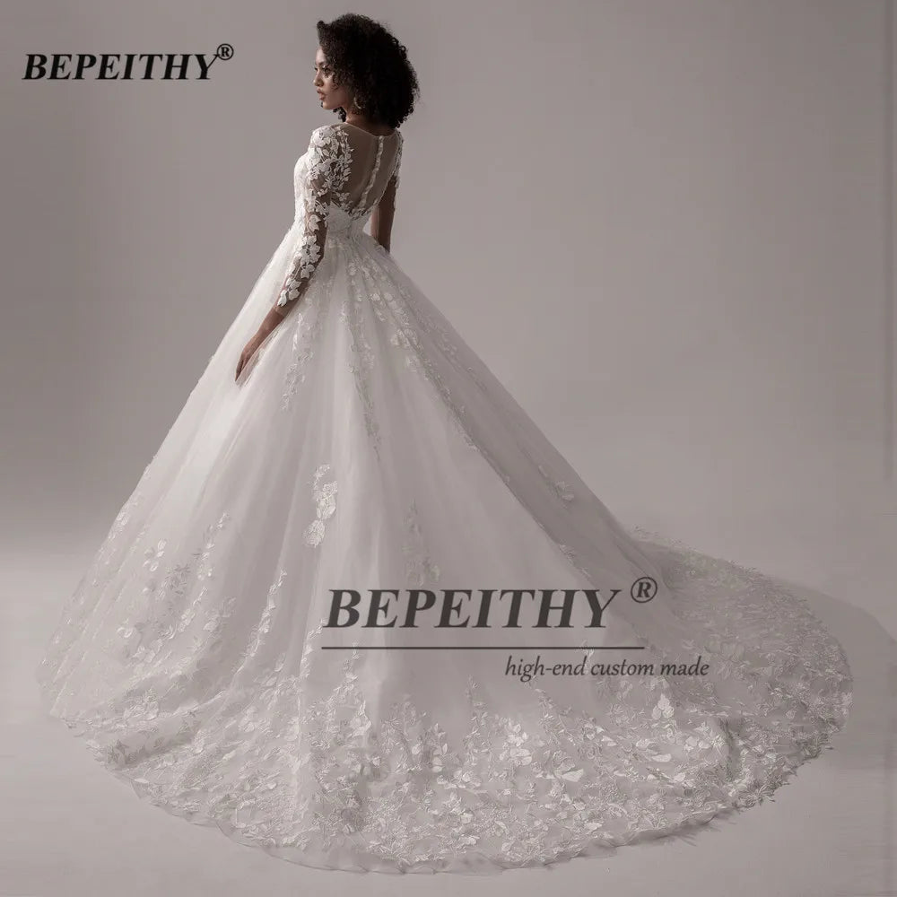 BEPEITHY Vintage Lace Wedding Dresses For Women 2023 Full Sleeves Princess Bridal Gowns Elegant Court Train Scoop Bride Dress