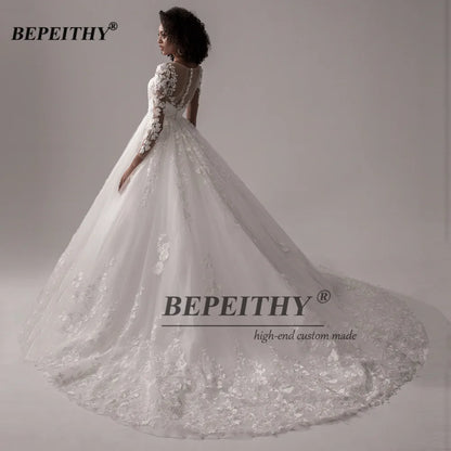 BEPEITHY Vintage Lace Wedding Dresses For Women 2023 Full Sleeves Princess Bridal Gowns Elegant Court Train Scoop Bride Dress