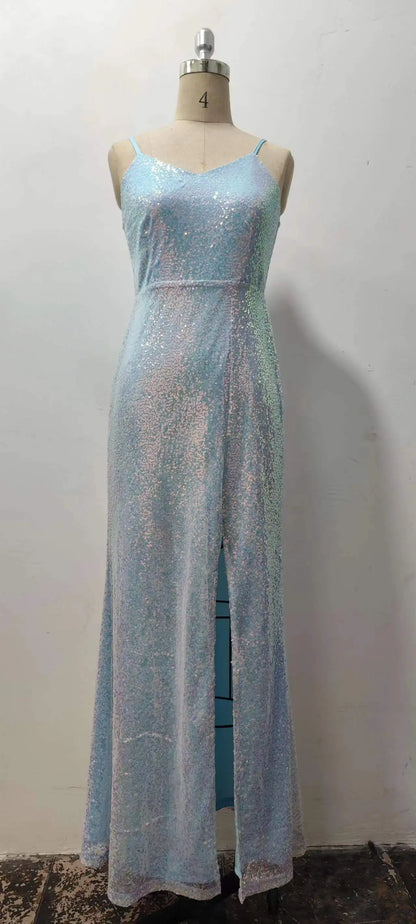 Robe de demoiselle d'honneur de mariage à bretelles fendues à paillettes de nouveau style d'été 2024 Robe de soirée pour femmes Robe de bal fendue de style célébrité