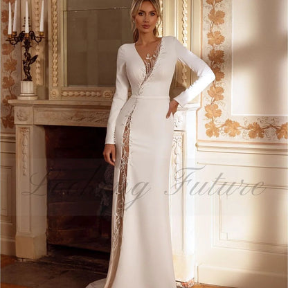 Robe de mariée longue en dentelle et perles en satin à manches longues pour femme, avec pompon brillant, fente latérale, bouton, dos ouvert