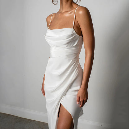 Robe de mariée sirène blanche simple à bretelles spaghetti et fente haute 2024 en satin dos nu robe de mariée unie à traîne