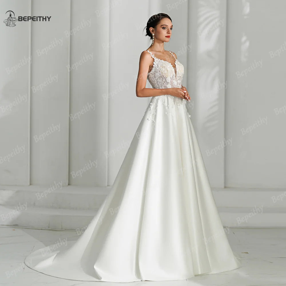 BEPEITHY Ivory Satin A Line Wedding Dresses For Women 2024 Sleeveless Lace Top Vintage Boho Bride New Bridal Gown