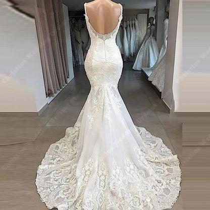 Robe de mariée sirène d'été sexy à col en V pour femmes, en dentelle, imprimée, dos nu, élégante, longueur balai, robes de mariée