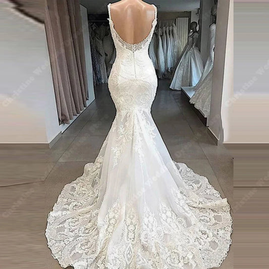 Summer Mermaid Sexy V-Neck Wedding Dresses For Women Lace Print Backless Bridal Gowns Elegant Mopping Length Vestidos de Novias