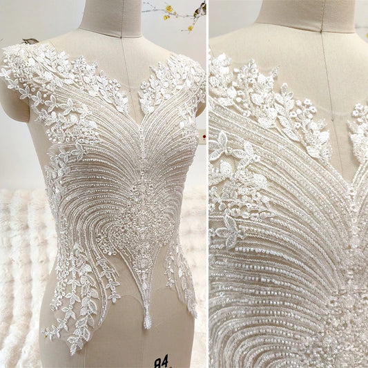 Apliques de encaje con lentejuelas y cuentas 3D para vestido de novia, cuello de encaje, parche de tela de encaje