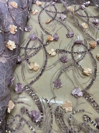 Belle broderie 3D en perles faites à la main en dentelle africaine / broderie en vedette tissu en dentelle nigériane adapté à la robe de soirée robe de mariée