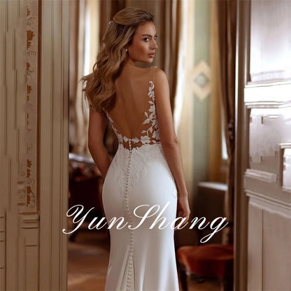 Yunshang elegantes vestidos de novia de sirena para mujer espalda abierta escote en V encaje tirantes finos vestido de novia cola larga vestidos de novia