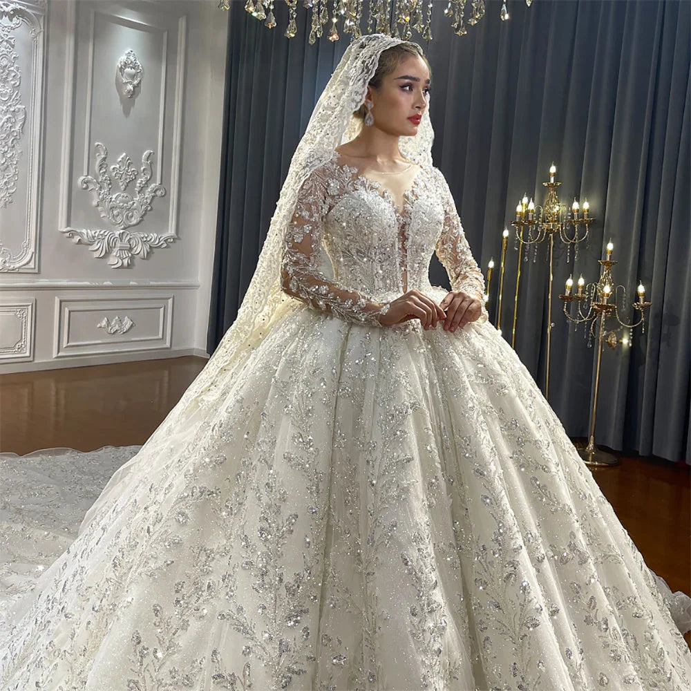 Gorgeous  A-Line Wedding Dress For Women Appliques Sequins Bridal Gown O-Neck Skirt Court Train Long Sleeves Dresses