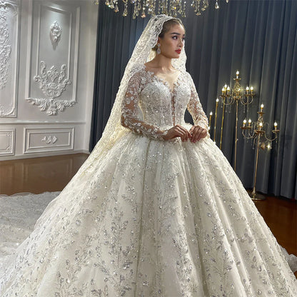 Superbe robe de mariée trapèze pour femmes, appliques, paillettes, robe de mariée, col rond, jupe, traine, manches longues