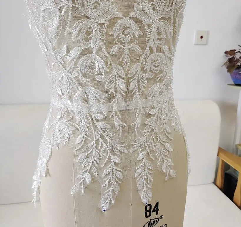 65*48CM Beaded Sequins Lace Chest Flowers 3D Wedding Dress Applique DIY Bridal Headdress Lace Collar Lace Fabric Patch RS4187