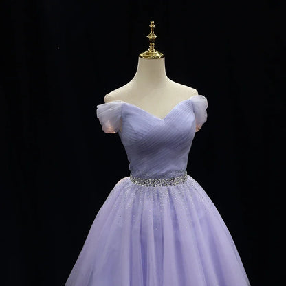 Robe de soirée violette en tulle avec plis et perles, épaules dénudées, lacets, coupe trapèze, longueur genou, lacets, grande taille, robes de soirée pour femmes B2206