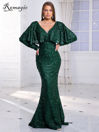 Romagic V Neck Wedding Party Dress Full Sleeve With Cape Elegant Women Evening Gown Sexy Dresses 2024