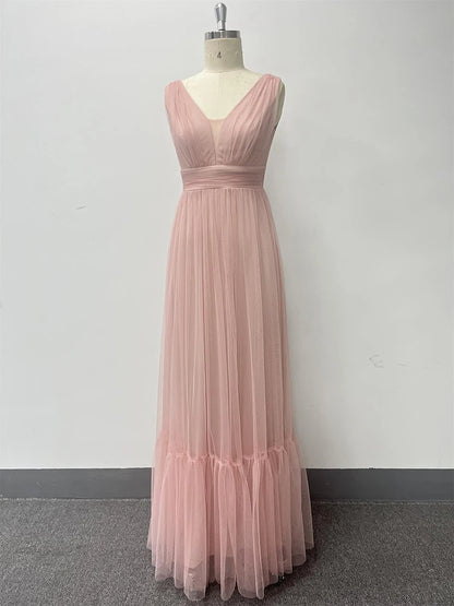 Robe de soirée élégante en tulle sans manches à col en V pour femme, nouvelle collection, coupe trapèze, en gaze moelleuse, robe de soirée de demoiselle d'honneur de mariage