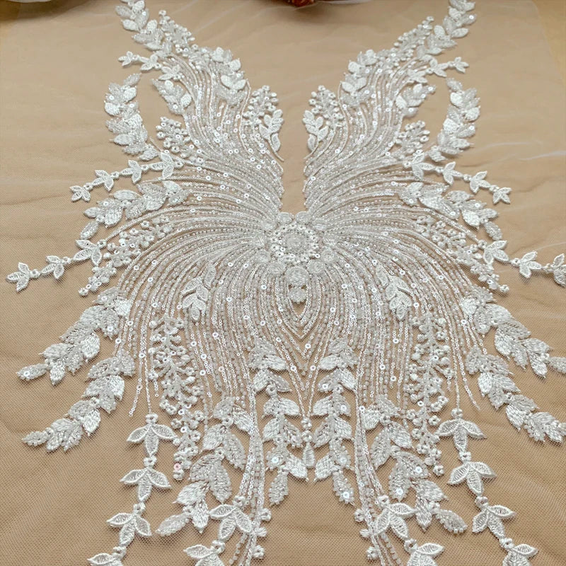 NEW Beaded Sequins Bridal Lace Fabric Advanced Customization Wedding Dress AB Set Front Chest Back Flower RS4174