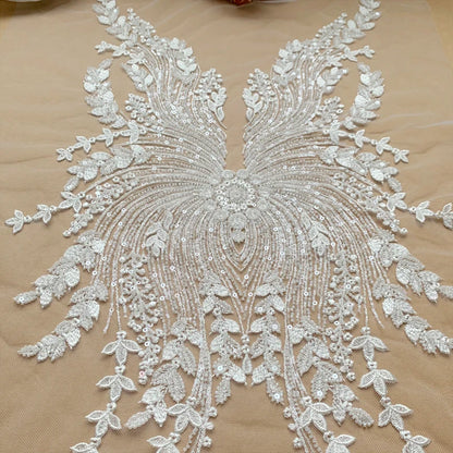 NOUVEAU Tissu en dentelle de mariée à paillettes perlées Personnalisation avancée Robe de mariée AB Ensemble devant Poitrine Dos Fleur RS4174