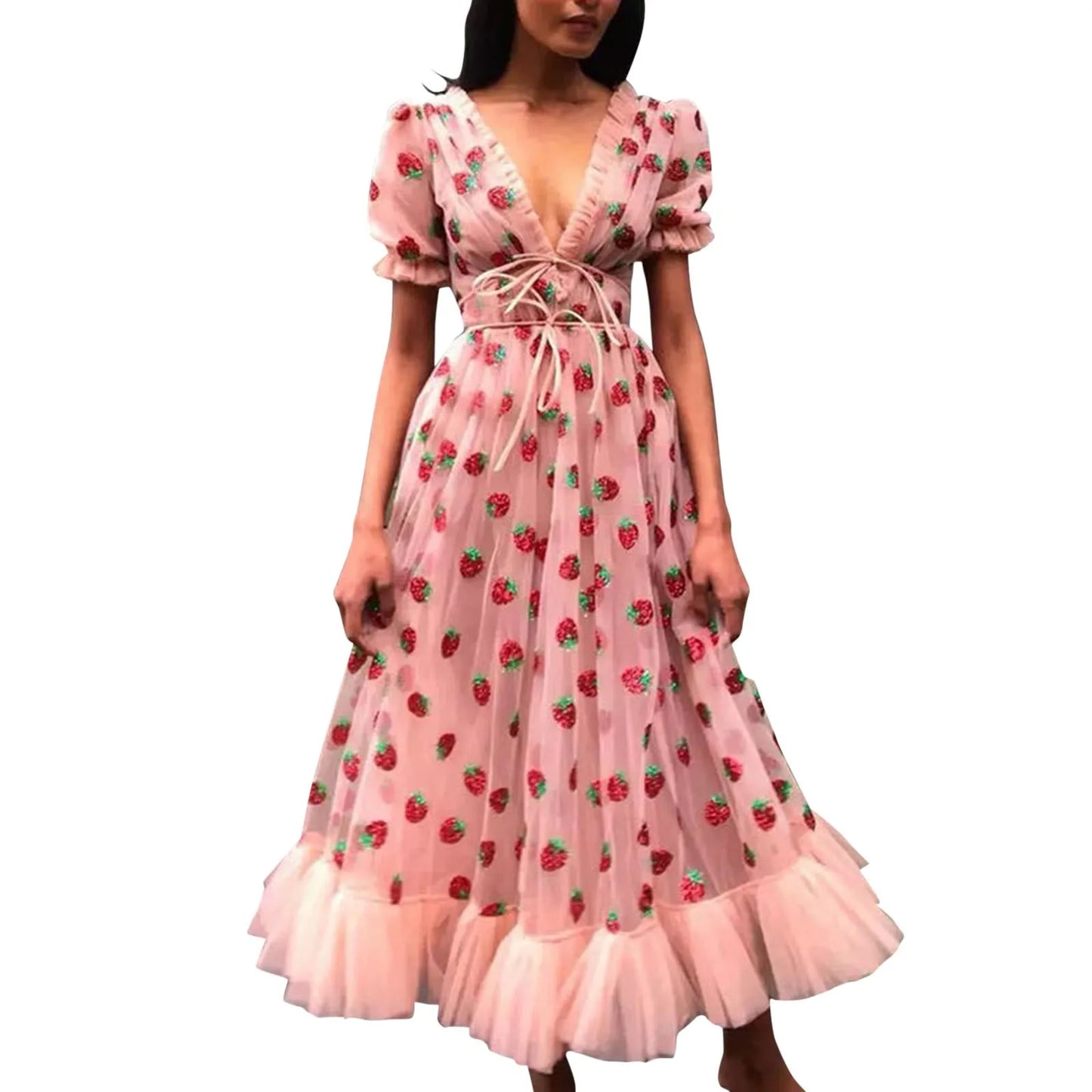 Vestido de fiesta tipo túnica con cuello redondo y malla bordada con lentejuelas de fresa para mujer, vestidos de lujo para novia