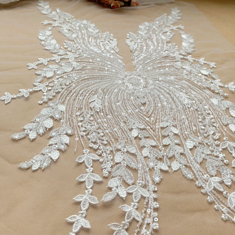 NEW Beaded Sequins Bridal Lace Fabric Advanced Customization Wedding Dress AB Set Front Chest Back Flower RS4174