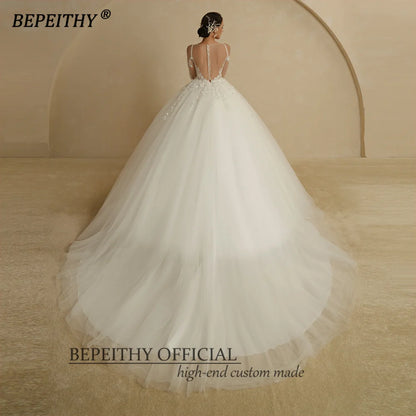 BEPEITHY Robe de mariée sexy à col rond et haut transparent en ivoire à fleurs 2022 pour femmes, manches longues, traîne, bouton au dos, robe de bal de mariée