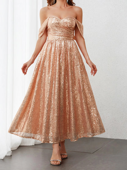 Robe de bal trapèze à col en cœur pour femme, robe de soirée de mariage brillante à épaules dénudées et paillettes pliées, robe de demoiselle d'honneur simple 2024