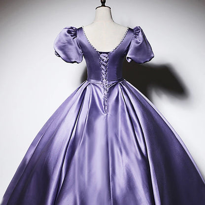 Robe de soirée en satin violet à manches courtes plissée, coupe trapèze, col en V, lacets, longueur au sol, mode, grande taille, robes de soirée pour femme XE090