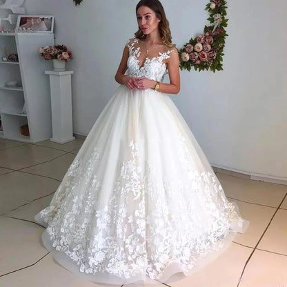 BEPEITHY O Neck Ball Gown Wedding Dresses For Women 2023 Lace Bodice Sleeveless Court Train Bridal Dresses Vestido De Novia Robe