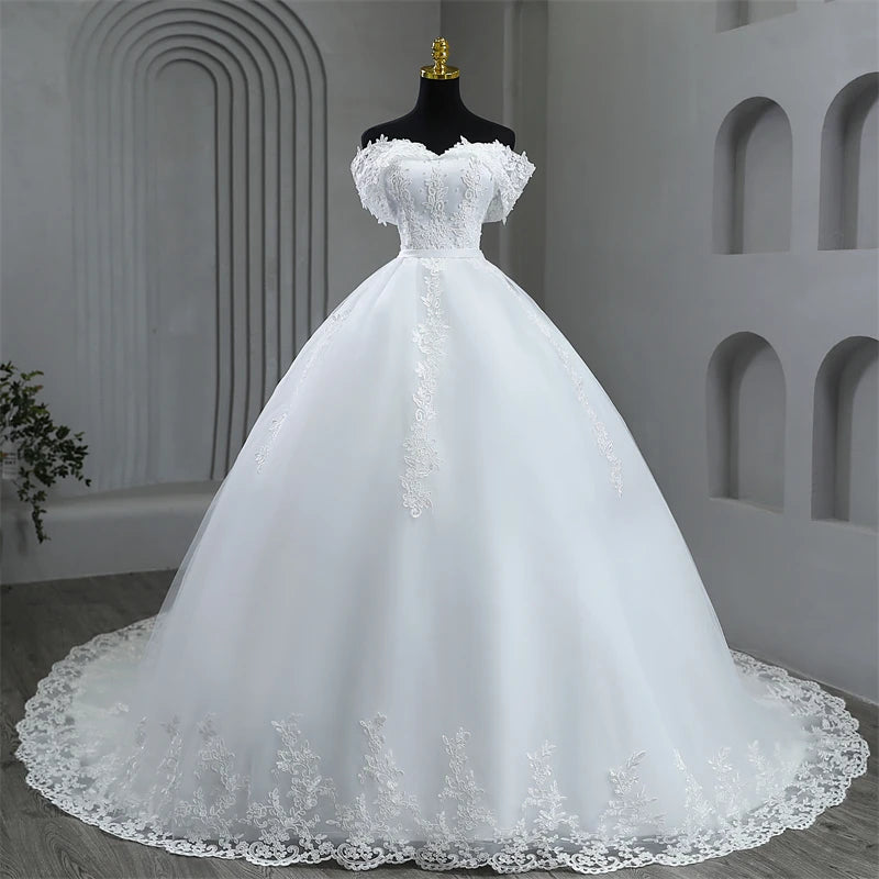 Vestidos de novia blancos de talla grande, vestidos de novia con hombros descubiertos, elegantes vestidos de novia largos con apliques de perlas, vestidos de novia hasta el suelo o con cola larga