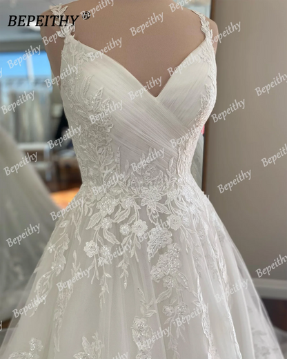 BEPEITHY Ivory V Neck Spaghetti Straps Wedding Dresses For Women 2023 Sleeveless Court Train Lace A Line Bride White Bridal Gown