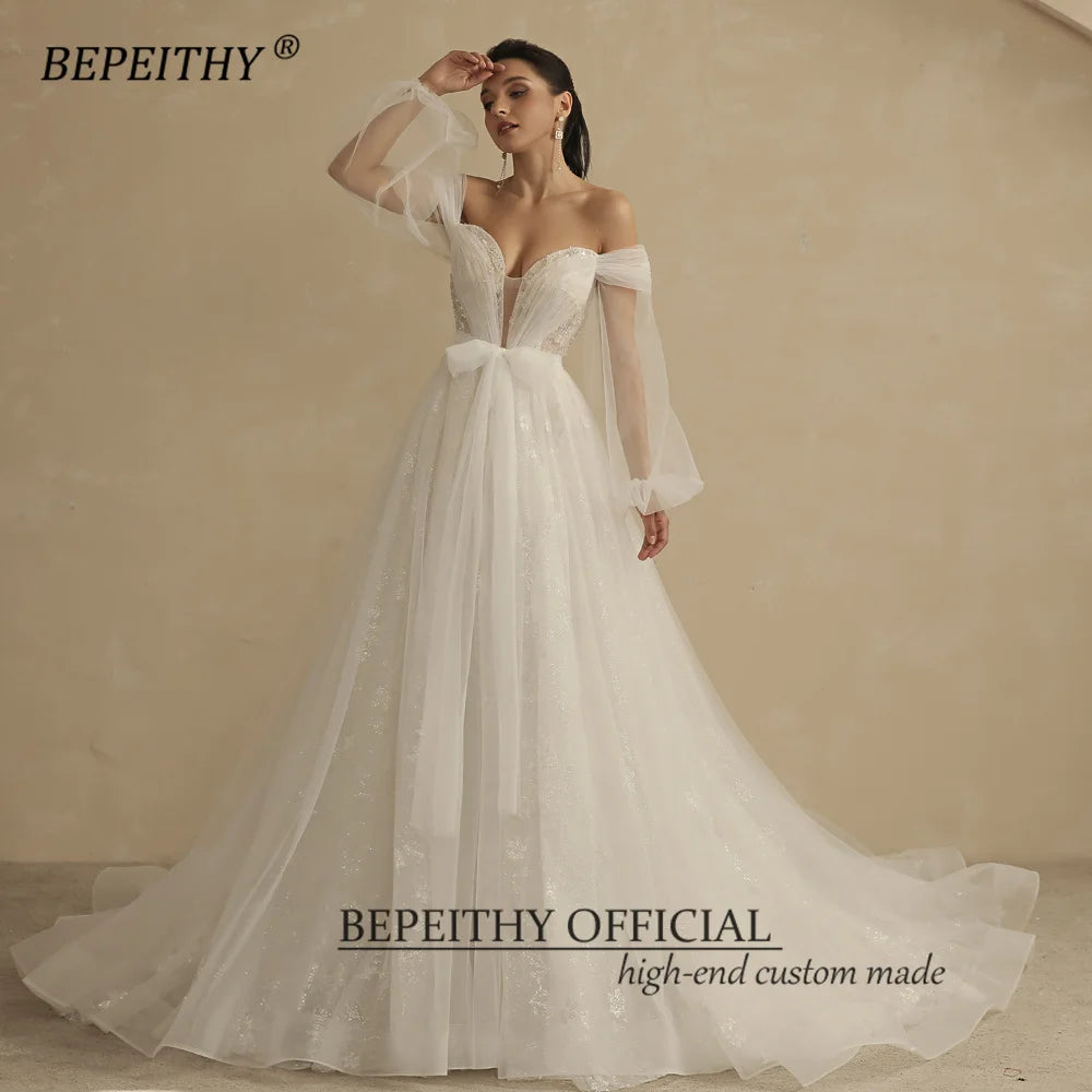 BEPEITHY Lovely A Line Lace Wedding Dress For Women 2023 Bride Off The Shoulder V Neck Puffy Sleeves Wedding Dresses Bridal