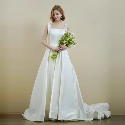 Robe De Mariée Simple avec nœud, bretelles Spaghetti, Robe De Mariée, fente haute, élégante