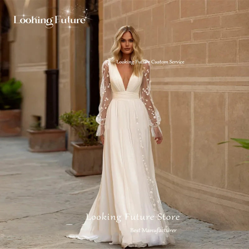 Modern A-Line Wedding Dress Sexy V Neck Illusion Appliques Backless Zipper Wedding Gown Long Sleeve High Side Slit Sweep Train