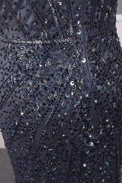 Venta caliente azul marino sirena sexy hombros descubiertos con cuentas plumas cubierta vestidos de noche de lujo vestidos para mujeres fiesta de boda 2024