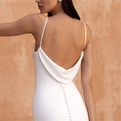 Vestido de novia sencillo de sirena, de satén blanco, con cuello vuelto, sexy, con tirantes finos, para playa, con cola larga y botones