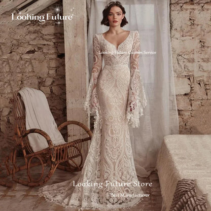 Vestidos de novia estilo bohemio de sirena, manga larga, pliegues, encaje sexy, ilusión, escote en V, espalda descubierta, cremallera, cola larga, 2024