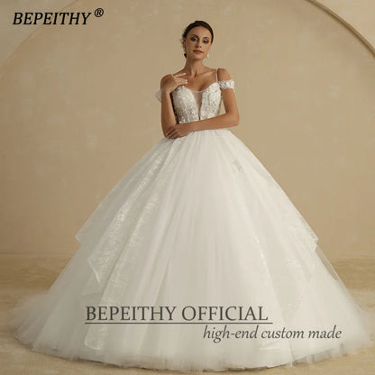 BEPEITHY Bride Ivory Princess Wedding Dresses Off The Shoulder Empire Lace Flower White Bridal Gown For Women 2022 Sleeveless