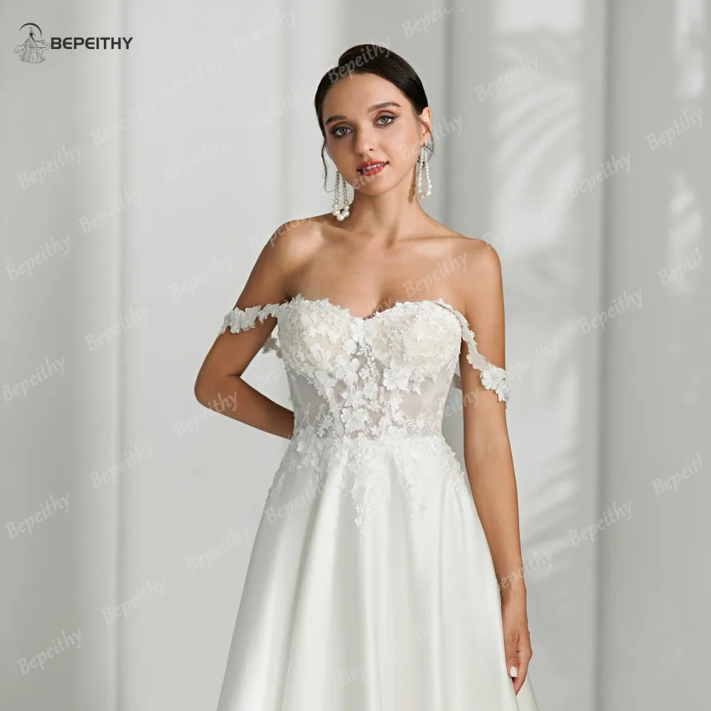 BEPEITHY A line Sweetheart Lace Civil Wedding Dresses Sleeveless Sweep Train Ivory Bride Bridal Gown Vestidos De Novia For Women