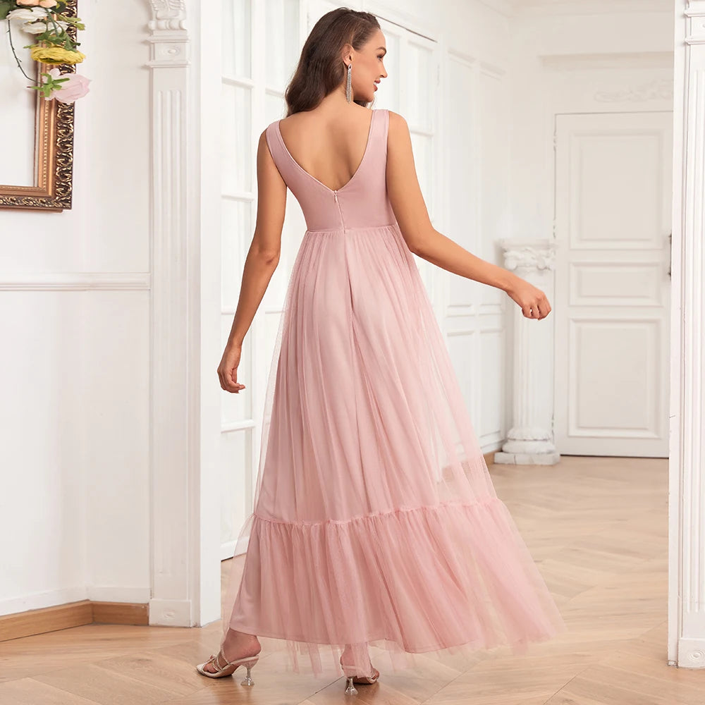 New Women Elegant V-neck Sleeveless Tulle Evening Dress A-Line Fluffy Gauze Wedding Bridesmaid Party Dress