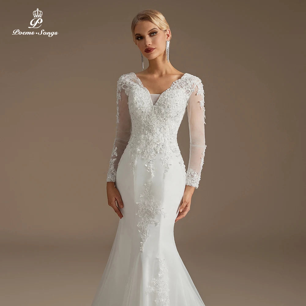 Long sleeve V-neck flower Wedding Dresses for Women Bridal Gown vestidos de novia robe de mariée Wedding Ceremony Dress