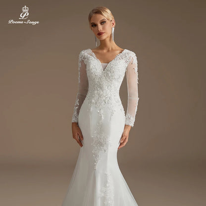 Long sleeve V-neck flower Wedding Dresses for Women Bridal Gown vestidos de novia robe de mariée Wedding Ceremony Dress