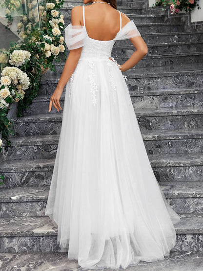 Ladies White Luxury Church Wedding Dress Embroidered With Floral Chiffon Bridal Off Shoulder Tight Fitting Wedding Gown