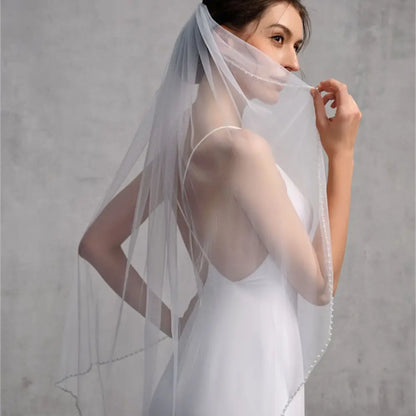 V197 Bead Edge Wedding Veil Rhinestone & Pearl Bridal Veils Beading & Petite Pearls 1 Tier Soft Wedding Dress Accessories