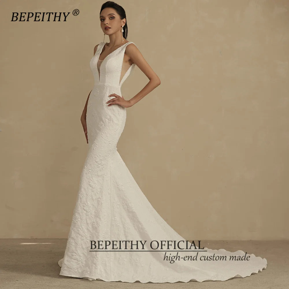 BEPEITHY Sexy Deep Pearls V Neck Mermaid Wedding Dresses For Women 2023 Court Train Ivory Embossing Bridal Gowns Open Back New