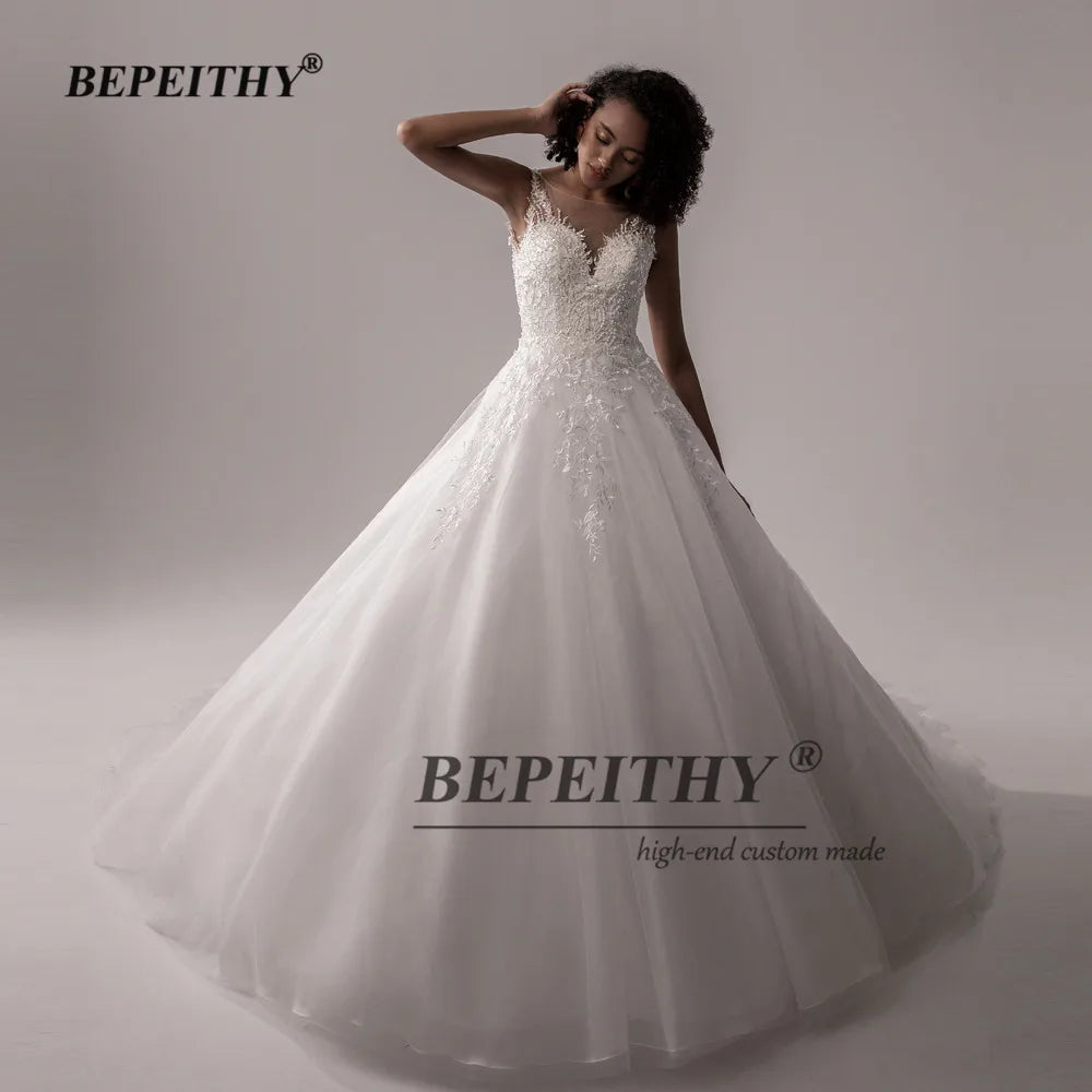 BEPEITHY A-Line Robe De Mariee Sleeveless Wedding Dress For Women 2023 Court Train Low Back Lace Women Bridal Bouquet Gown