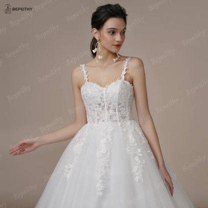 BEPEITHY Princess Ivory Spaghetti Straps Bride Wedding Dresses For Women Sleeveless White Lace Court Train Bridal Ball Gown